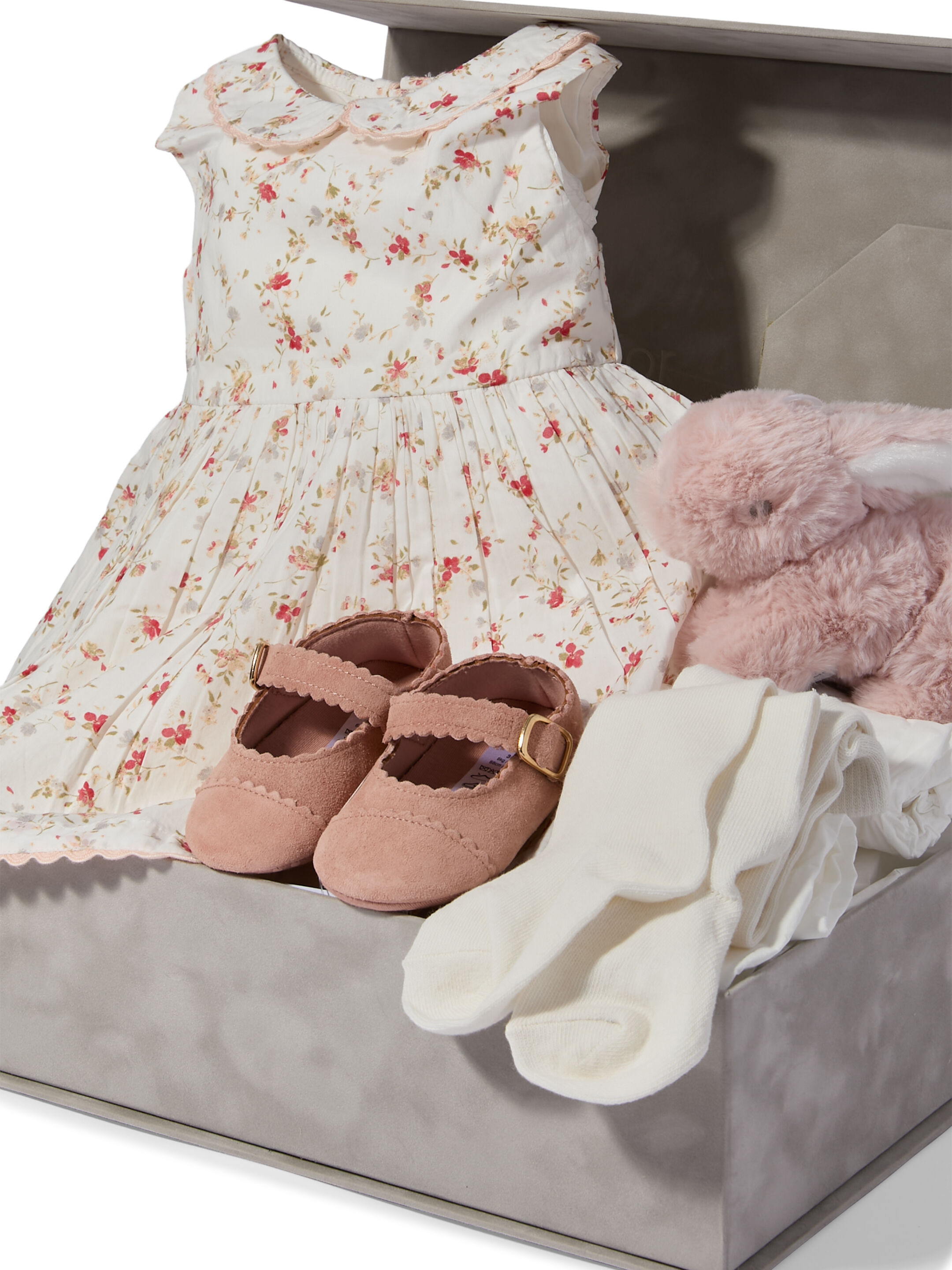 Floral Poplin Dress - 5 Piece Gift Set with Scallop Pram Shoes and Soft Toy Treasured Pink Bunny image number 2